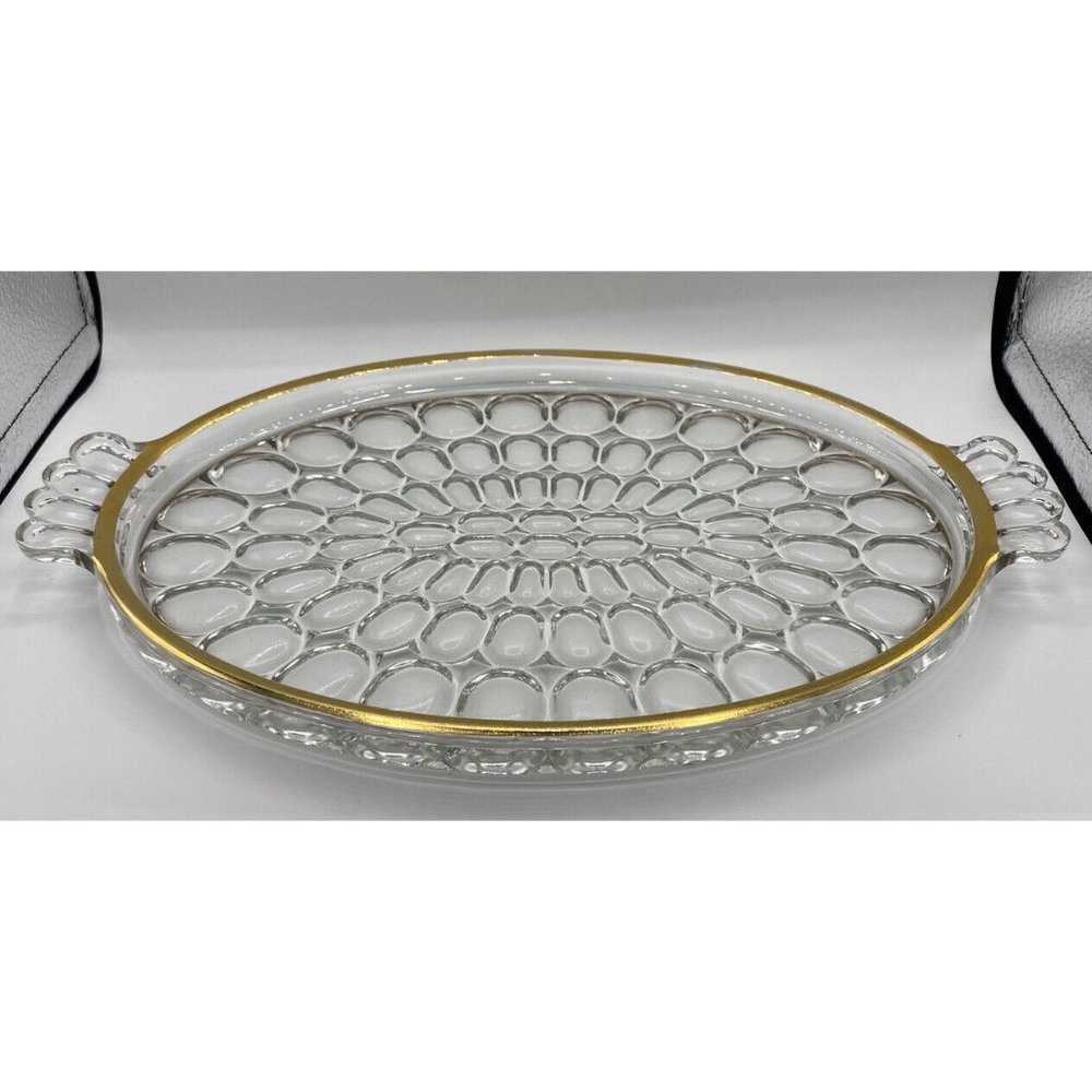 Vintage Jeannette Thumb Print Glass Gold Trim Tray Retro Decor,Mid Century Decor